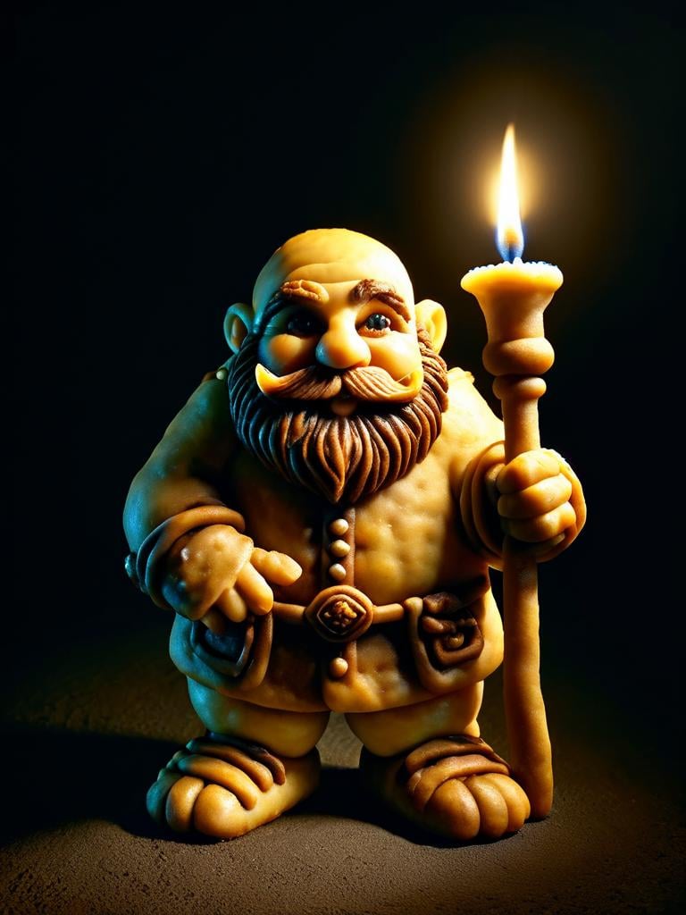 dwarf made out of pastry, holding candle, in dark dungeon, at night, shadows, dithered light, <lora:pastry-sdxl:1>