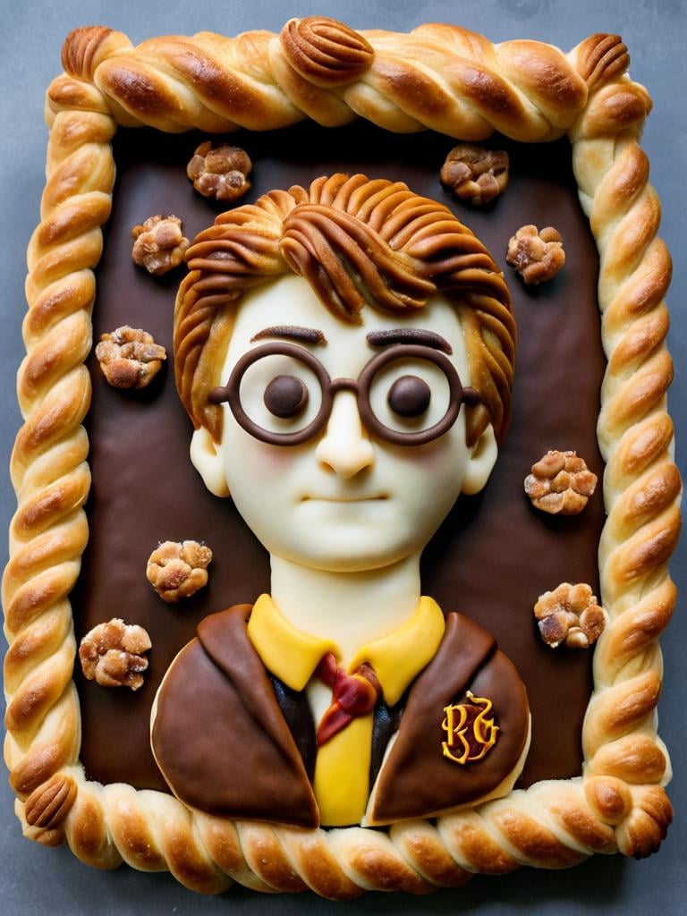 food photography, harry potter from harry potter, made out of pastry <lora:pastry-sdxl:0.7>