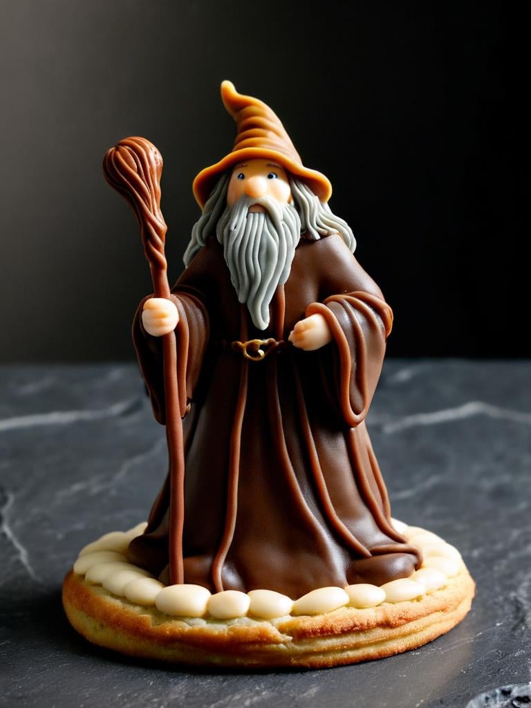 closeup shot, food photography, gandalf from lord of the rings, standing on a cookie, oozing chocolate, made out of pastry, standing on basalt countertop <lora:pastry-sdxl:0.8>