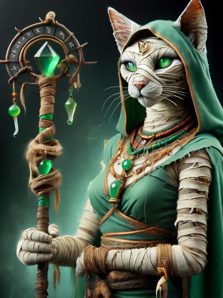 a bastet female cat, shaman, wizzard, sorcerer, with staff, holding staff, green eyes, <lora:bastet-sdxl:1>