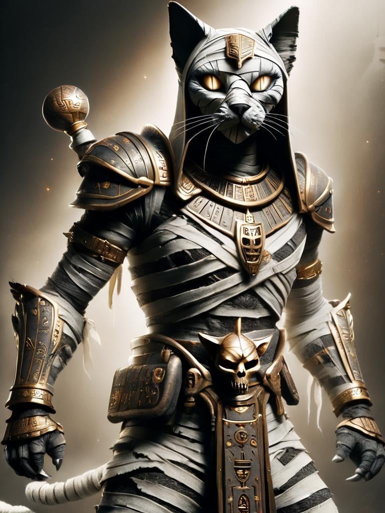 bastet, cat, a male warrior bastet, heavy black and bronze armor, armor plates, shoulder plates, skull belt, holding weapon in his right hand, glowing white eyes <lora:bastet-sdxl:1>