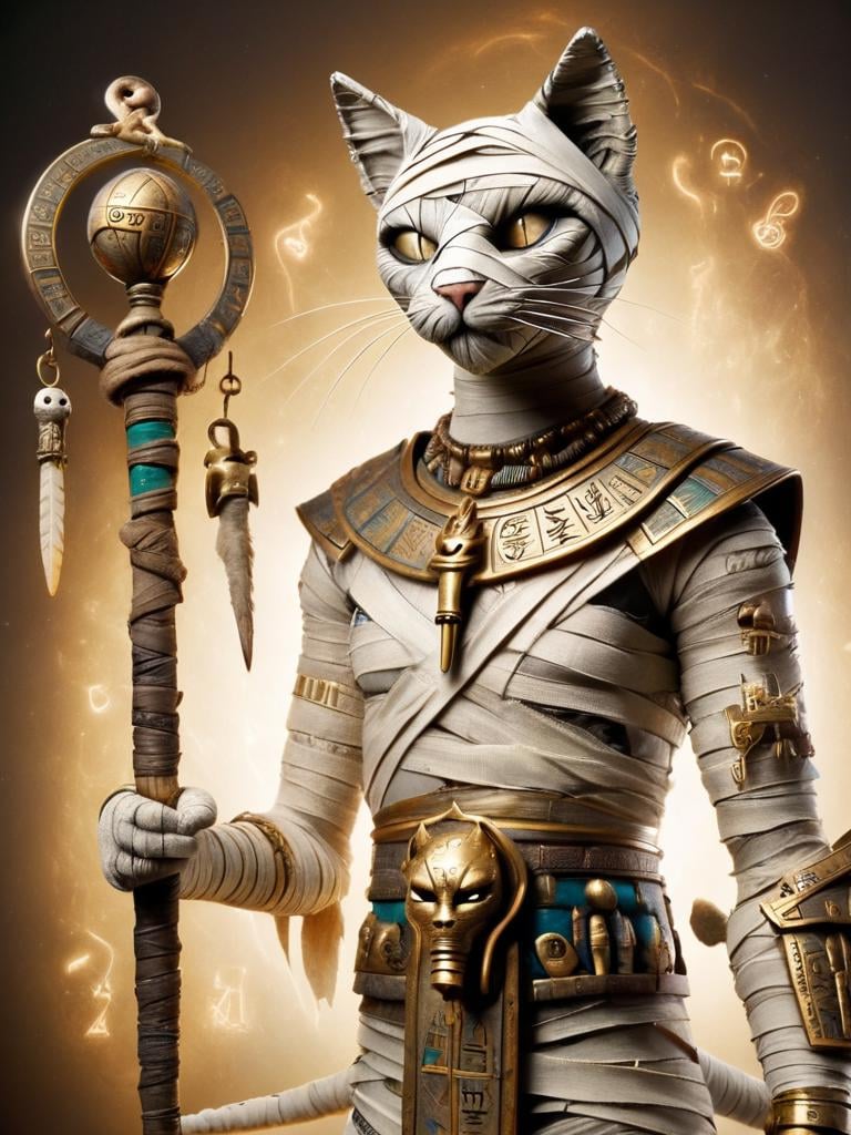 bastet, cat, a male bastete in a bandages, mummy, holding a magic statt with symbols in it, spiked shoulder plates, glowing white eyes, leather belt on chest, staff on the back <lora:bastet-sdxl:1>