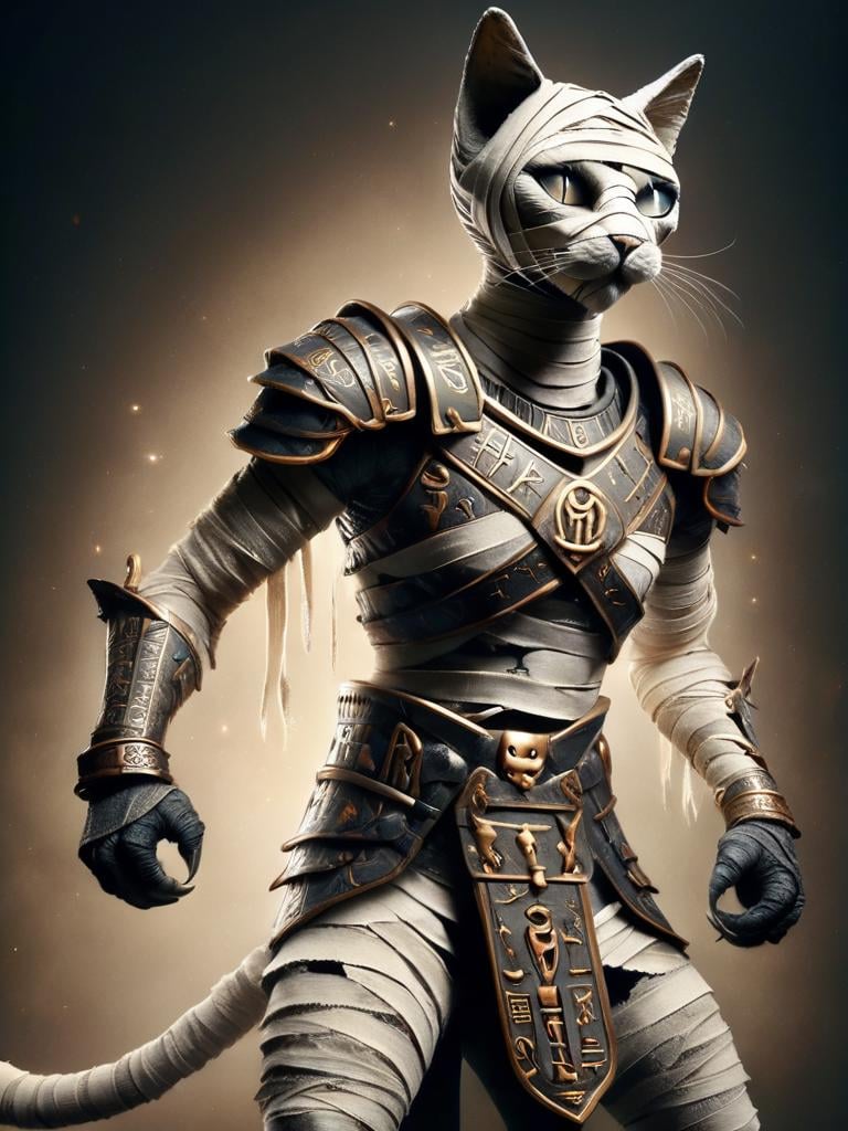 bastet, a cat dressed in armor, writst armor, shoulder plates, shoulder armor, chest armor, black and bronze armor with runes, wrapped in bondages, mummy style, glowing eyes, fighting pose <lora:bastet-sdxl:1>