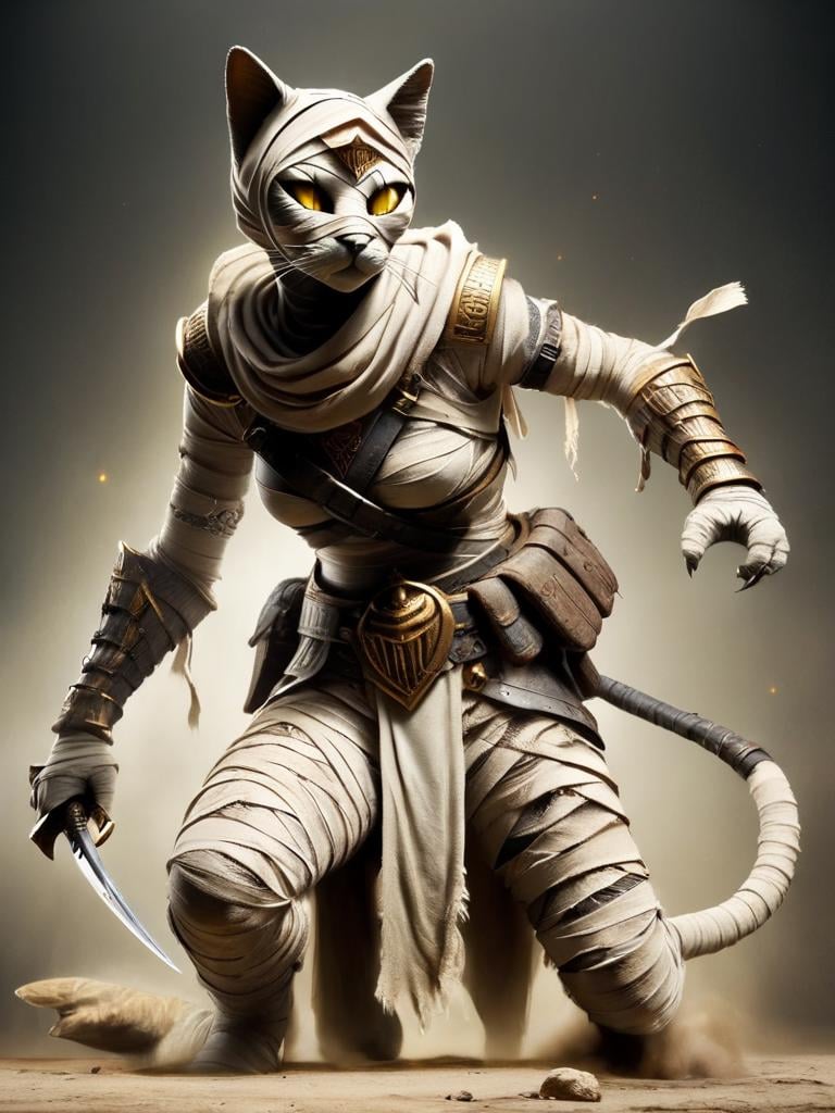 bastet, a cat, a female warrior, wearing plate armor, armor shoulder plates, black and bronze runes on the armor, wearing a hood, yellow eyes, sword on her back, shild in left hand, bandages, mummy style <lora:bastet-sdxl:1>