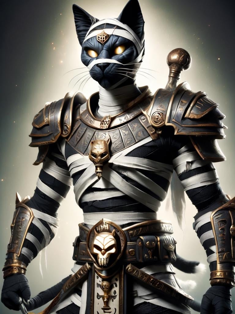 bastet, cat, a male warrior bastet, heavy black and bronze armor, armor plates, shoulder plates, skull belt, holding weapon in his right hand, glowing white eyes <lora:bastet-sdxl:1>