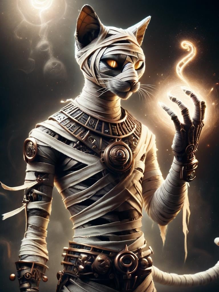 bastet, cat, a male bastet, man, dressed as a mummy, casting a glowing magic spell in his hand, wearing retropunk machinery on his body, <lora:bastet-sdxl:1>