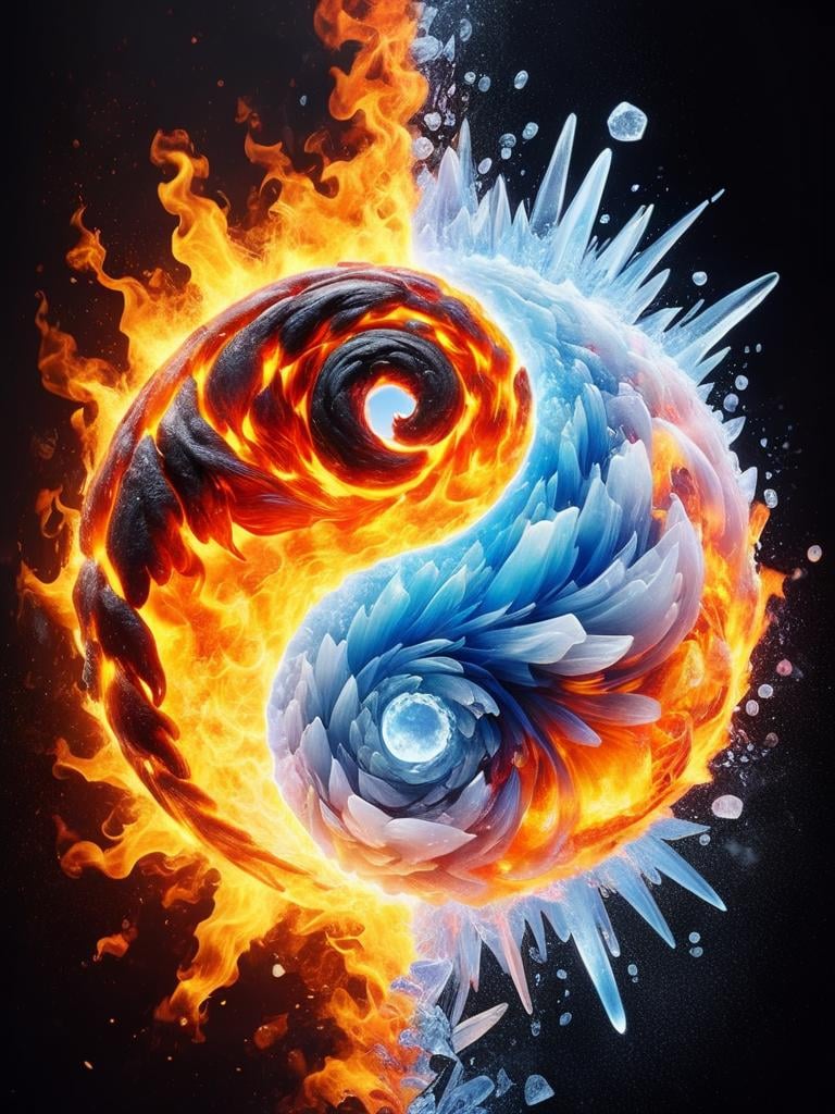 faize, yin and yang shaped out of fire and ice <lora:faize-sdxl:0.8>