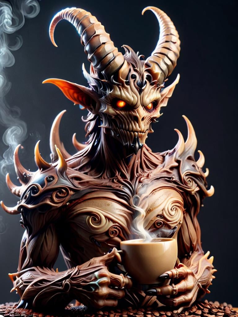 cofzee, a horned deamon holding a cup of coffee, made out of coffee <lora:cofzee:1>