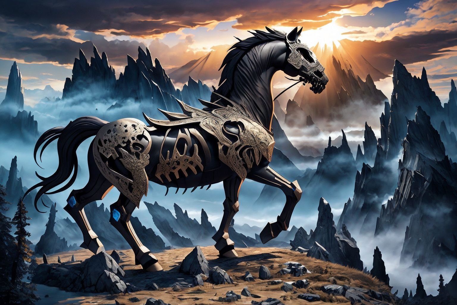 epoxy_skull, (3D rendering), (masterpiece), (best quality), (detailed), iconic Skyrim horse, inspired by The Elder Scrolls V: Skyrim video game, realistic and immersive, strong and majestic posture, rugged and detailed horse armor, dynamic pose on a mountainous landscape, dramatic sky with clouds and sunlight, high-resolution 8k image, capturing the essence and atmosphere of the game world, <lora:blindbox_V1Mix:1> <lora:epiNoiseoffset_v2:1> <lora:epoxy_skull:1>