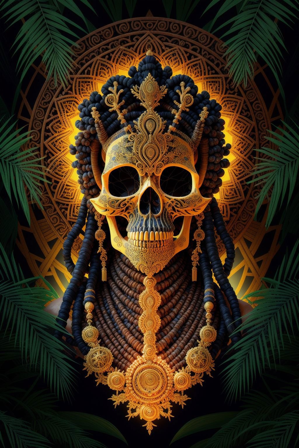 epoxy_skull, (illustration), (masterpiece), (best quality), (detailed), Sokana, Goddess of Nature, as she first revealed herself in the Bugunda Kingdom of the African Great Lakes region, ethereal and awe-inspiring, adorned with elements of nature and traditional African symbols, majestic posture, surrounded by lush vegetation and wildlife, vibrant color palette, golden hour lighting, high-resolution 8k digital painting, capturing the divine presence and reverence of the goddess <lora:epiNoiseoffset_v2:1> <lora:epoxy_skull:1>