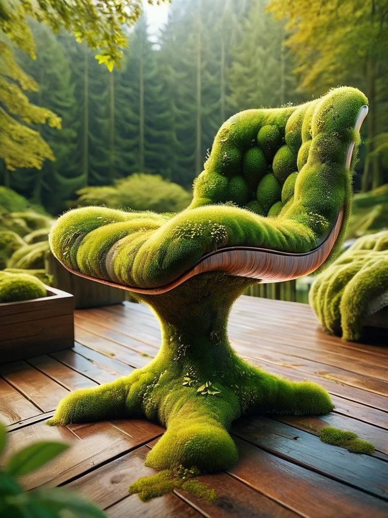 ovrgrwth, a moss covered chair sitting on a wooden deck <lora:ovrgrwth-sdxl:1>