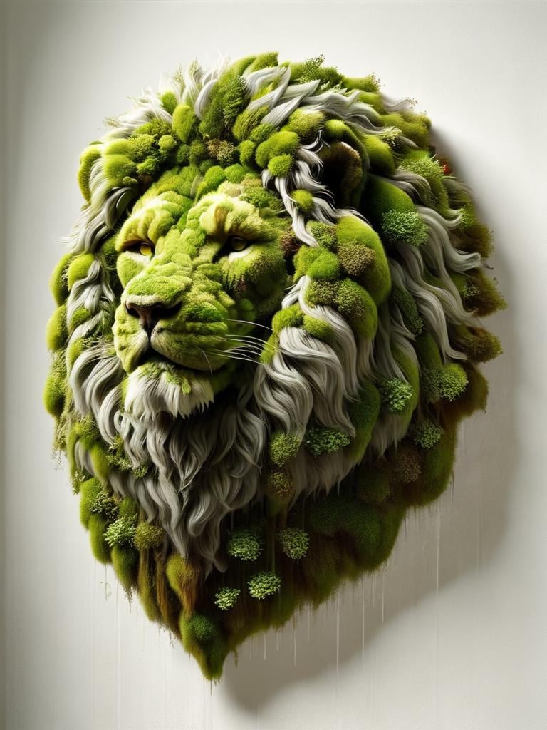 ovrgrwth, a lion made of moss on a white background <lora:ovrgrwth-sdxl:1>