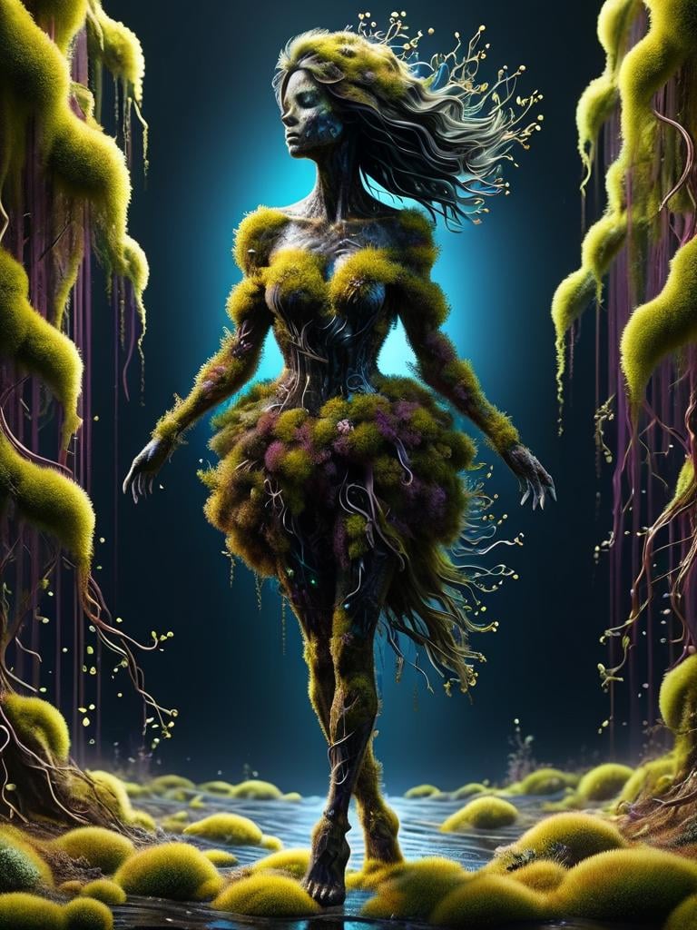 hologram of full body woman, off-shoulder dress, puffy sleeves, shattered reference of mind, abstract, microdisplacement , vines, (biocore:1.1), humanoid, style of Dan Mumford, (charred:1.2), burnt vines, desolate wasteland, <lora:GeorgianStyleLocal:0.5> GeorgianStyle floating in space, a vibrant digital illustration, dribbble, quantum wavetracing, black background, behance hd <lora:ovrgrwth-sdxl:1> ovrgrwth