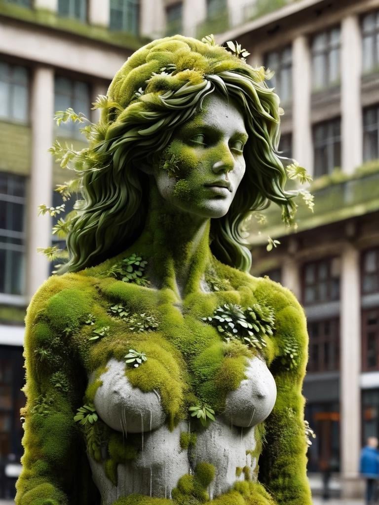 ovrgrwth, a statue of a woman covered in moss <lora:ovrgrwth-sdxl:1>