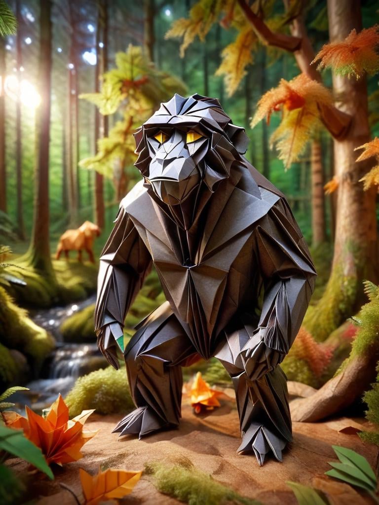 ral-orgmi, origami paper sculpture of a ape in a forest <lora:ral-orgmi-sdxl:1>