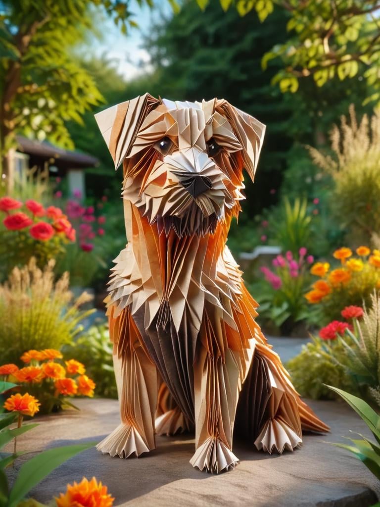 ral-orgmi, a dog made out of origami paper sitting in a garden <lora:ral-orgmi-sdxl:1>