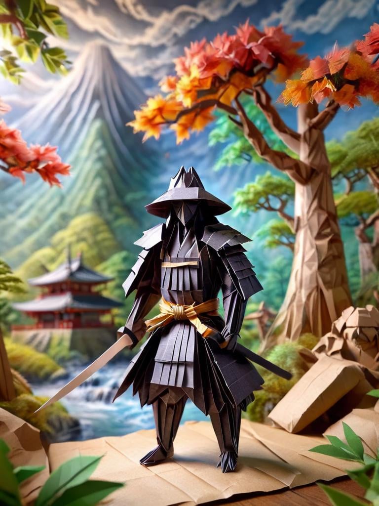 ral-orgmi, a origami paper samurai standing in front of a mountain <lora:ral-orgmi-sdxl:1>