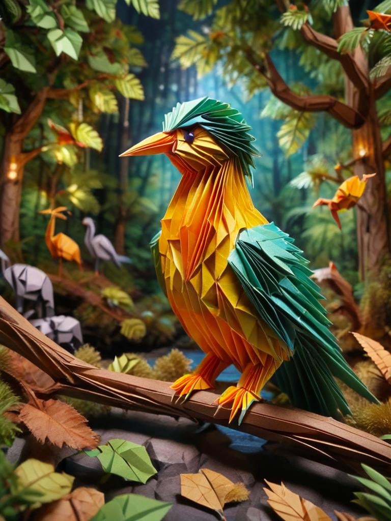 ral-orgmi, a origami paper bird is sitting on a tree branch <lora:ral-orgmi-sdxl:1>