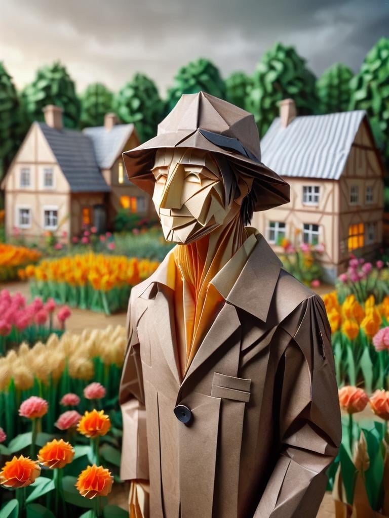 ral-orgmi, a origami paper man in a hat and coat, in front of a flower field and a village <lora:ral-orgmi-sdxl:1>