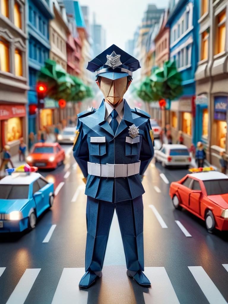 ral-orgmi, a origami paper policeman in a uniform is standing in the middle of a busy street <lora:ral-orgmi-sdxl:1>