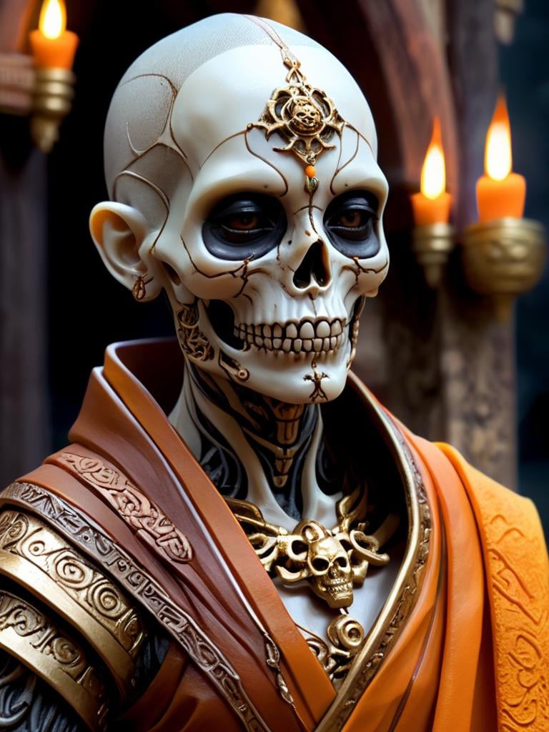 female mythical monk, upper body, masterpiece, perfect face, intricate details, horror theme epoxy_skull <lora:epoxy_skull-sdxl:0.5>