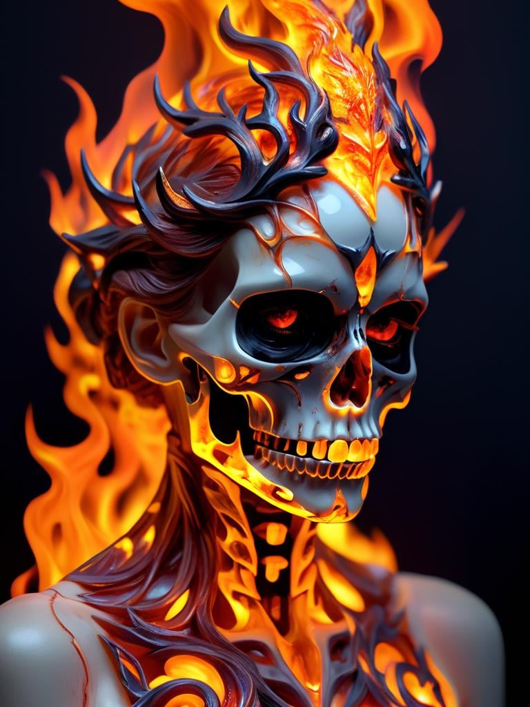 female in a mythical fire, masterpiece, perfect face, intricate details, horror theme, epoxy_skull <lora:epoxy_skull-sdxl:0.4>