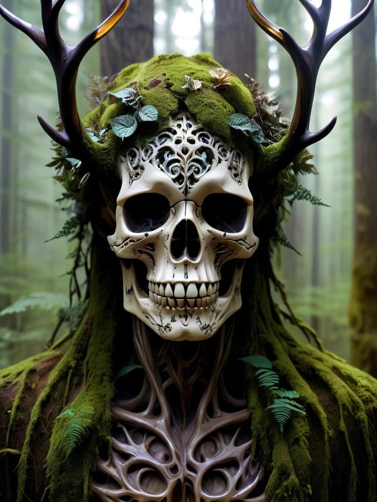 man in a mythical forest, masterpiece, perfect face, intricate details, horror theme, epoxy_skull <lora:epoxy_skull-sdxl:0.5>