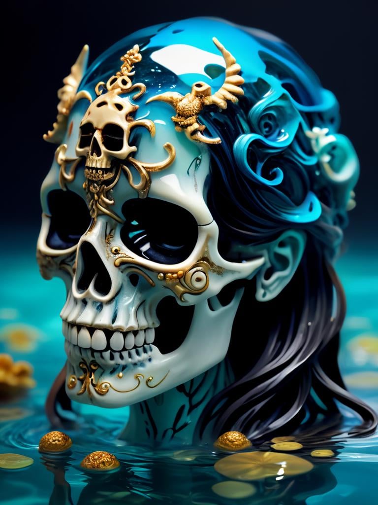 female upper body in mythical water, water surface, masterpiece, perfect face, intricate details, horror theme, epoxy_skull <lora:epoxy_skull-sdxl:0.5>