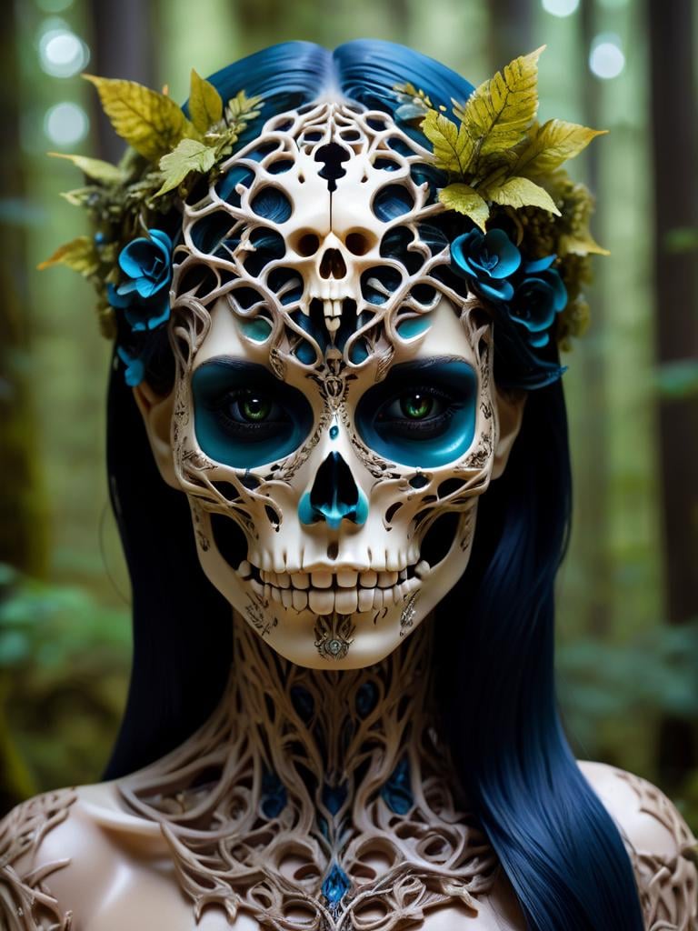 female in a mythical forest, masterpiece, perfect face, intricate details, horror theme, epoxy_skull <lora:epoxy_skull-sdxl:0.5>