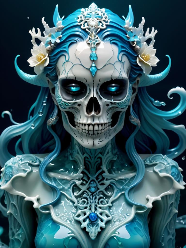 female upper body in mythical water, water surface, masterpiece, perfect face, intricate details, horror theme, epoxy_skull <lora:epoxy_skull-sdxl:0.5>