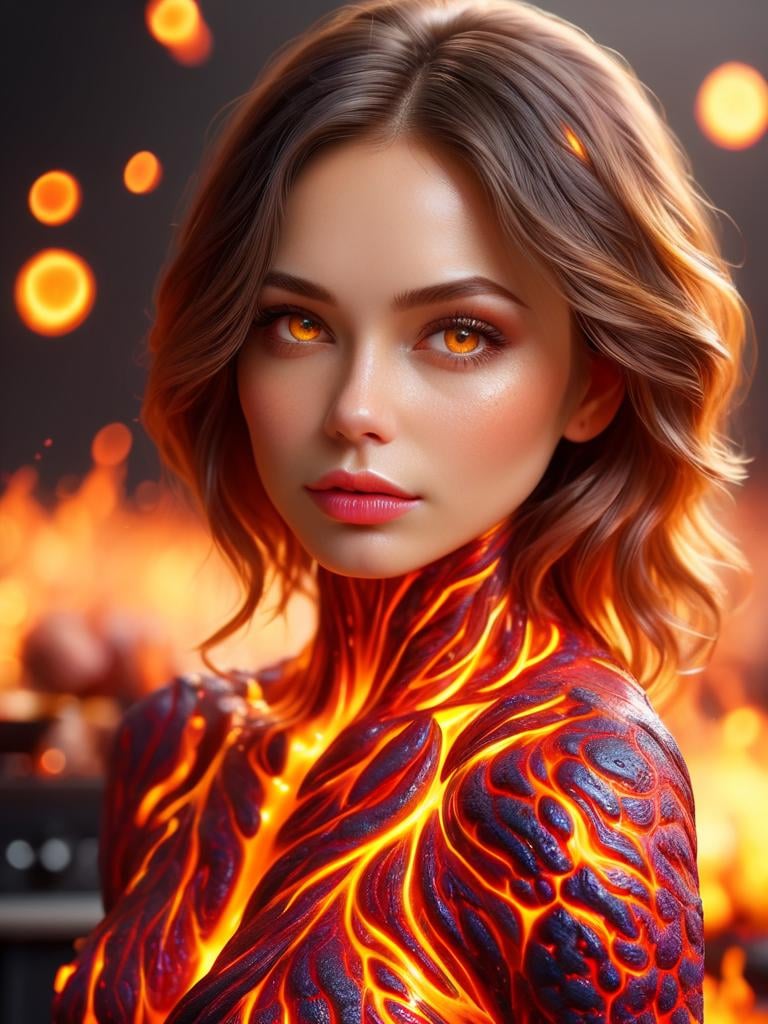 Molten, Lava, <lora:Molten-Fashion-V1:1>, (sharp focus:1.2), portrait, ((posing)), (beautiful face:1.1), detailed eyes, luscious lips, ((skindentation)), (bright studio lighting:1.2), depth of field, bokeh, 4K, HD <lora:ral-lava:1> ral-lava