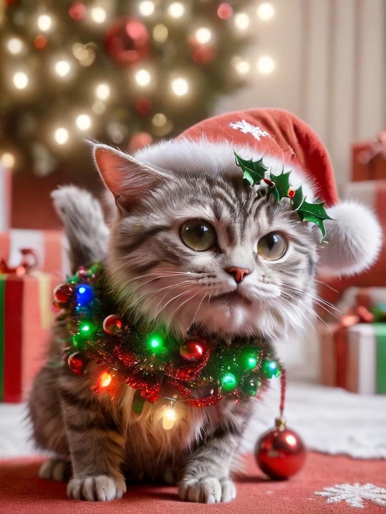 ral-chrcrts, a cute cat with a christmas hat and a christmas decoration <lora:ral-chrcrts-sdxl:1>