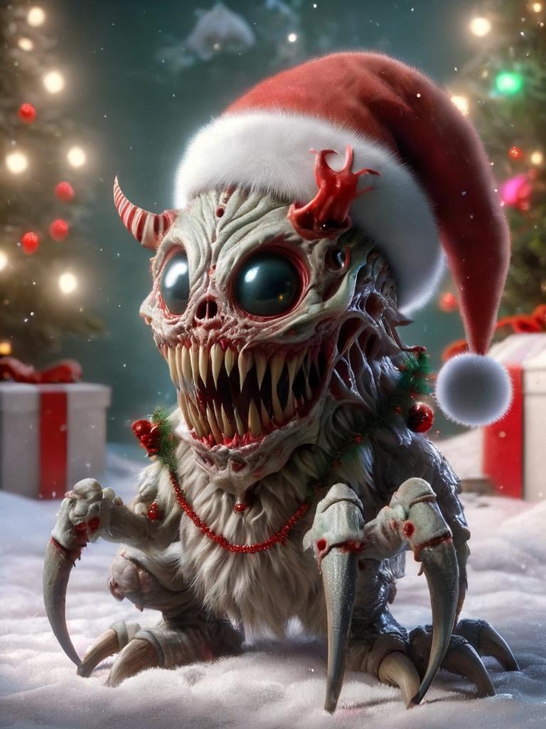 ral-chrcrts, a creepy looking creature wearing a santa hat <lora:ral-chrcrts-sdxl:1>