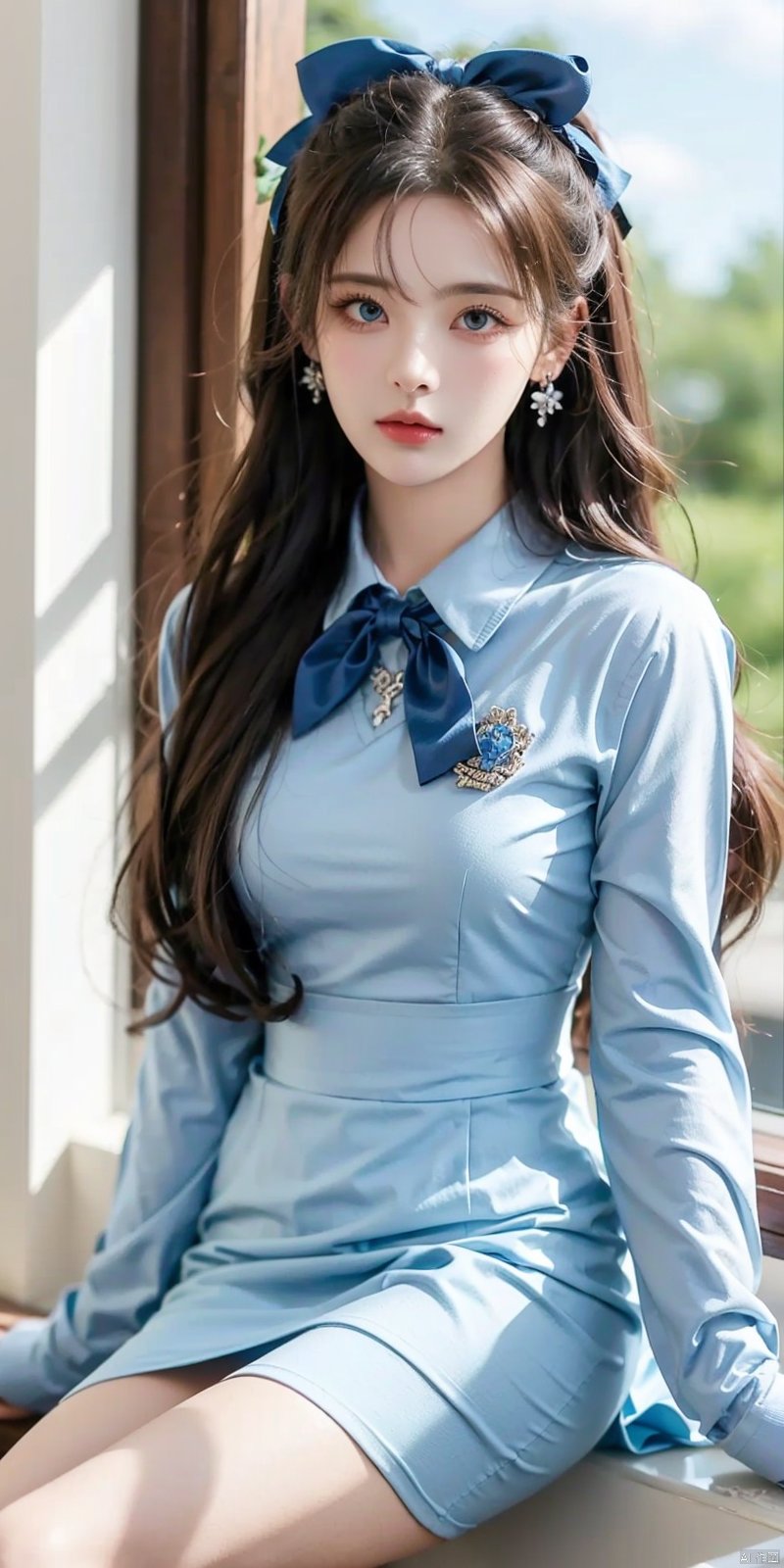  Highest quality, 8K, 1 girl, arm support, Bangs, Blue Bow, blue eyes, blue flowers, blue tie, Blue Ribbon, blue rose, blue dress, Blue Sky, chest, clouds, Cloudy Sky, day, earrings, flowers, ornament, hair between eyes, white hair, hair ornament, interior, jewelry, long hair, long sleeves, look at audience, medium chest, neck ribbon, open window, petals, ribbon, rose, shirt, sit, skirt, sky, solo, very long hair, white shirt, window, yangchaoyue