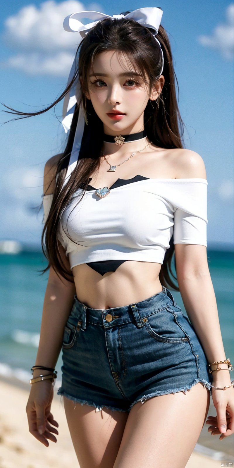  cowboy shot, Blue sky, white clouds, ocean,nai3, 1girl, shorts, solo, crop top, black shorts, choker, navel, shirt, midriff, crop top overhang, looking at viewer, white shirt, jewelry, breasts, bare shoulders, short shorts, off-shoulder shirt, off shoulder, black choker, thighs, stomach, hand on own thigh, long hair, bracelet, short sleeves, ribbon, hand up, collarbone, hair ribbon, medium breasts, standing, high-waist shorts, dolphin shorts, bra strap, , hair ornament, thigh gap, necklace, expressionless, , ,kind smile, yangchaoyue