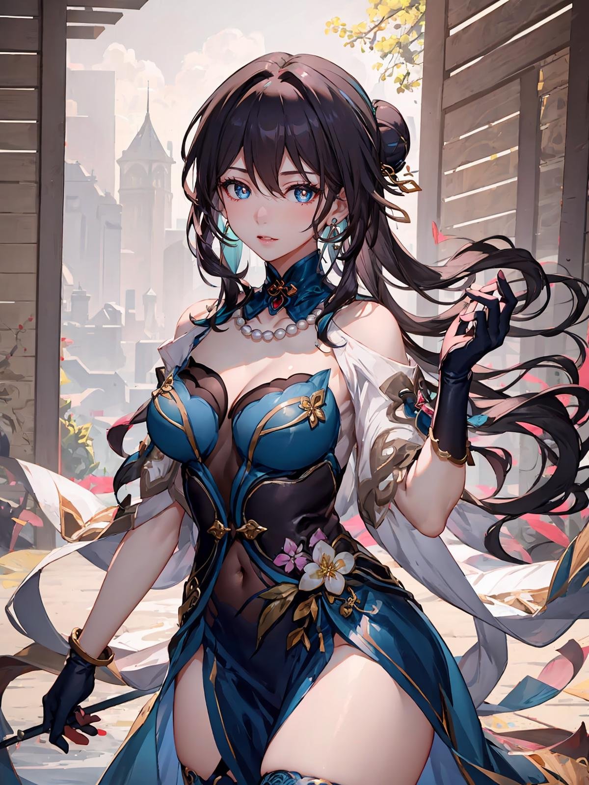 (extremely detailed CG), (best quality), 1girl, perfect face, bright pupils, (finely detailed beautiful eyes), shiny skin, lustrous skin, wide hips, narrow waist, Ruan Mei, chinese clothes, jewelry, gloves, hair ornament, hair intakes, hair bun, necklace, clothing cutout, bare shoulders, thigh strap, high heels <lora:RuanMei:0.7>