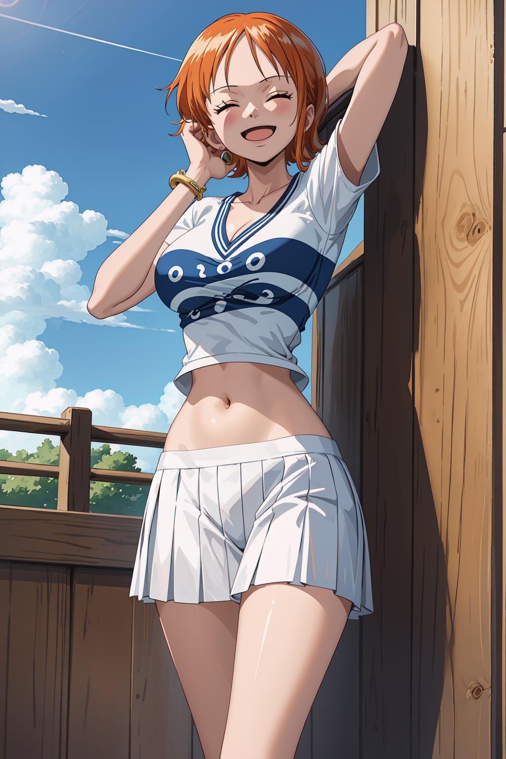 (masterpiece), nami, ((1girl, solo)), (white_shirts,orange_skirt:1), ((1girl)), (large breasts, wide hip:1), ( joyful, smile), slender, cowboyshot,  <lora:nami-24:0.8>