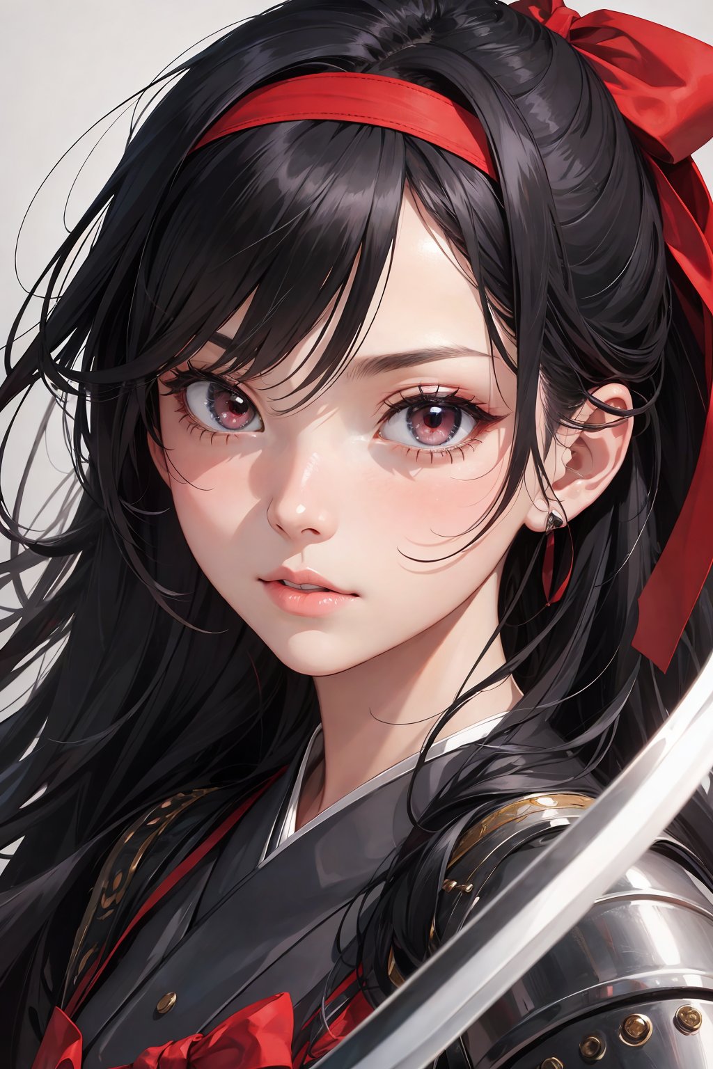 clearface ,1girl, kawaii,black hair,deep scarlett eyes, ponytail, long hair,(red ribbon), (katana), japanese armor, holding katana, looking at viewer,(hairband with metal-plate),face close up,