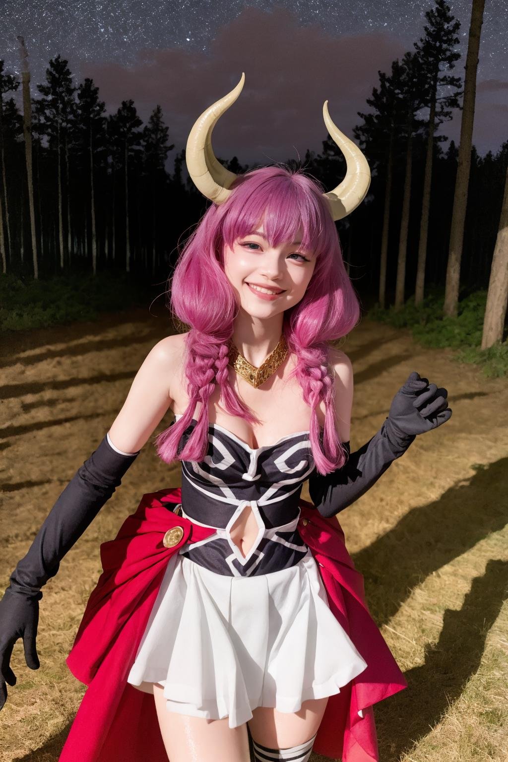 masterpiece, best quality, 8K,realistic, (photoshop \(medium\):1.2),night,forest, 18yo,<lora:aura:1>,1girl,horns,pink hair,long hair,twin braids,purple eyes, necklace, cleavage, bare shoulders, gloves,navel cutout, skirt,thighhighs,grin,cowboy shot, 