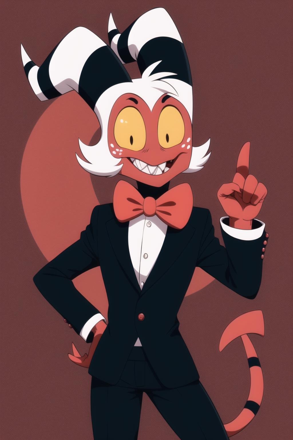 (best quality, masterpiece:1), solo, furry male anthro moxxie, red skin, black suit, red bowtie, standing, looking at viewer, (colorful abstract background:1.2), clenched teeth, grin, sharp teeth, demon tail, <lora:moxxie-v1-locon:1>