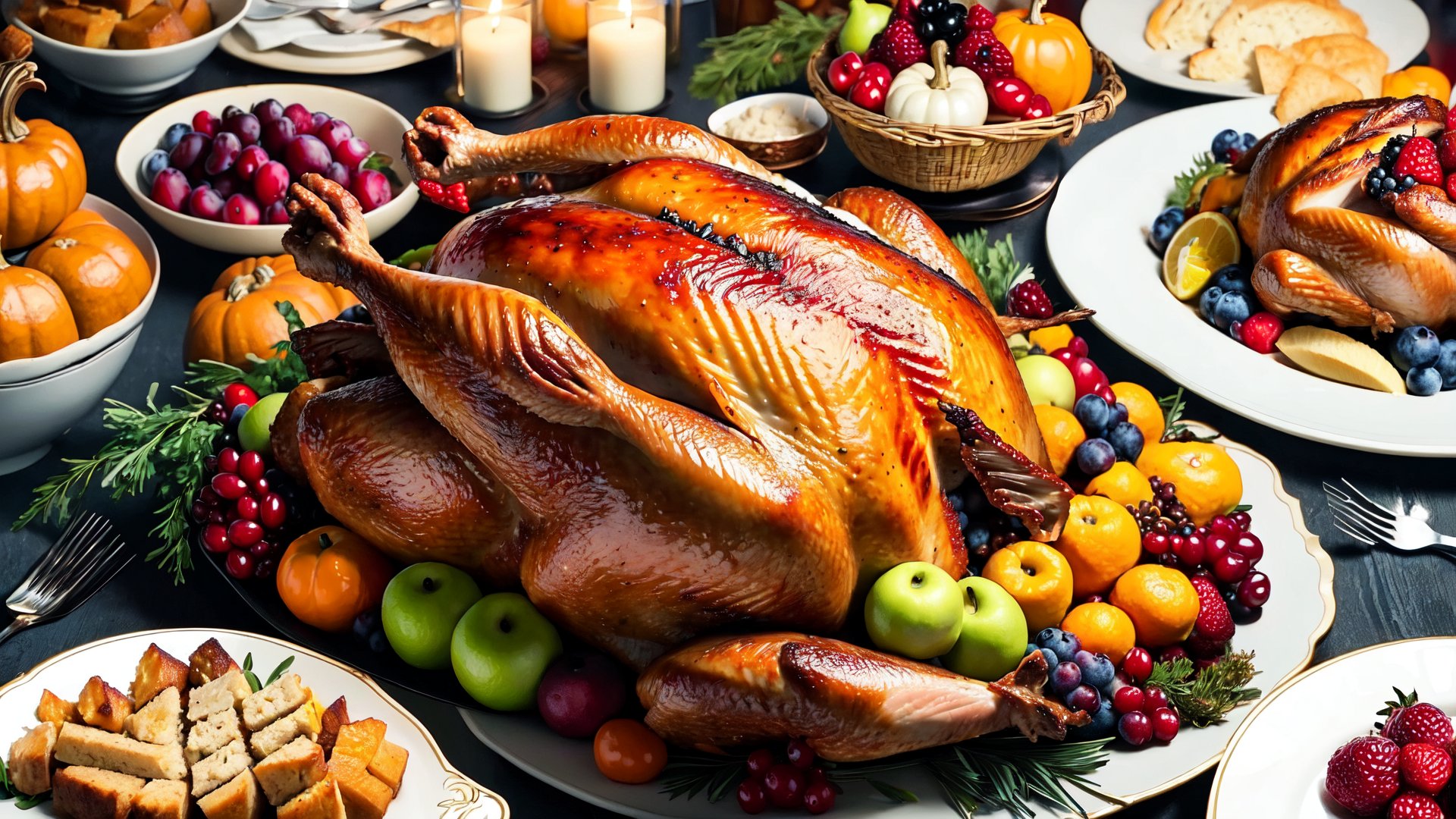 huge Thanksgiving turkey, surrounded by abundant food and fruit,