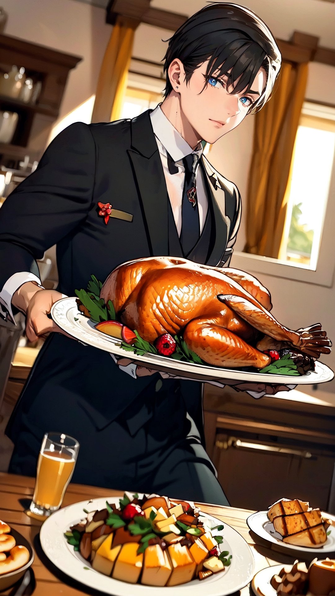 butler carries a plate of Thanksgiving turkey