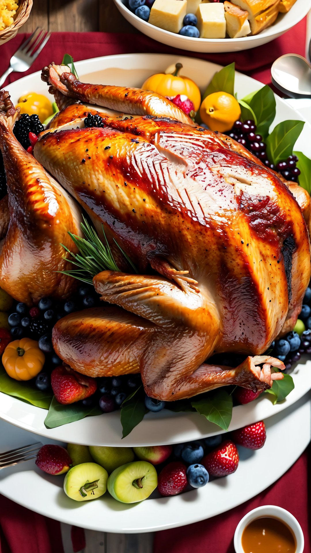 huge Thanksgiving turkey, surrounded by abundant food and fruit,