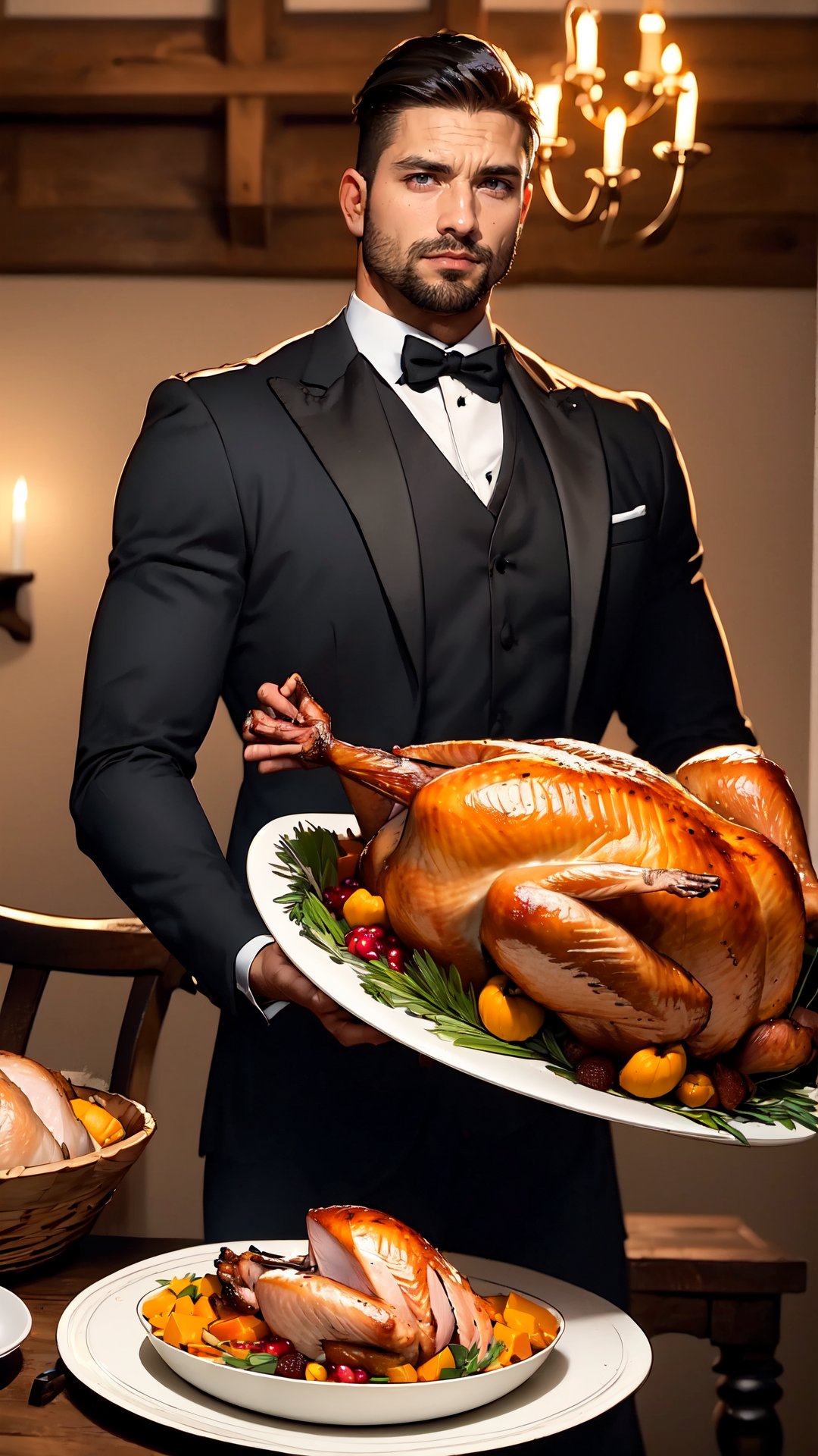 butler carries a plate of Thanksgiving turkey