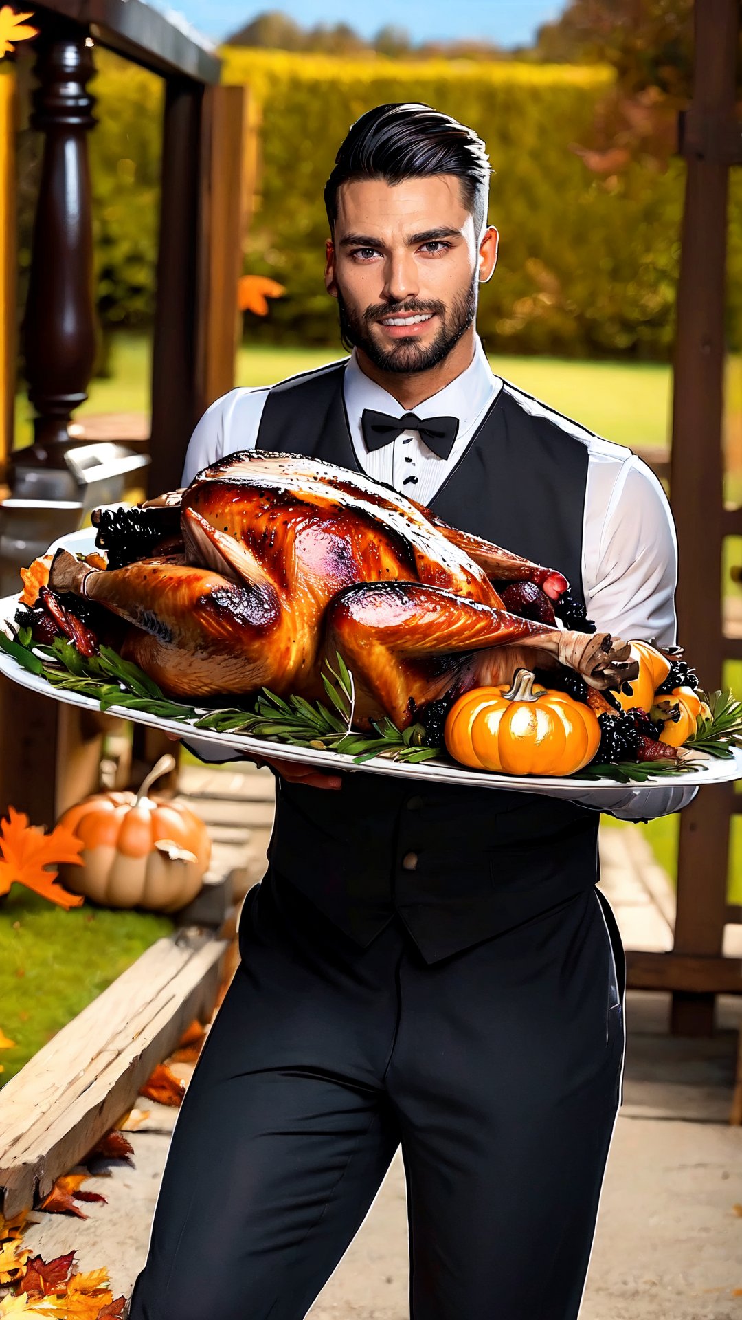 butler carries a plate of Thanksgiving turkey