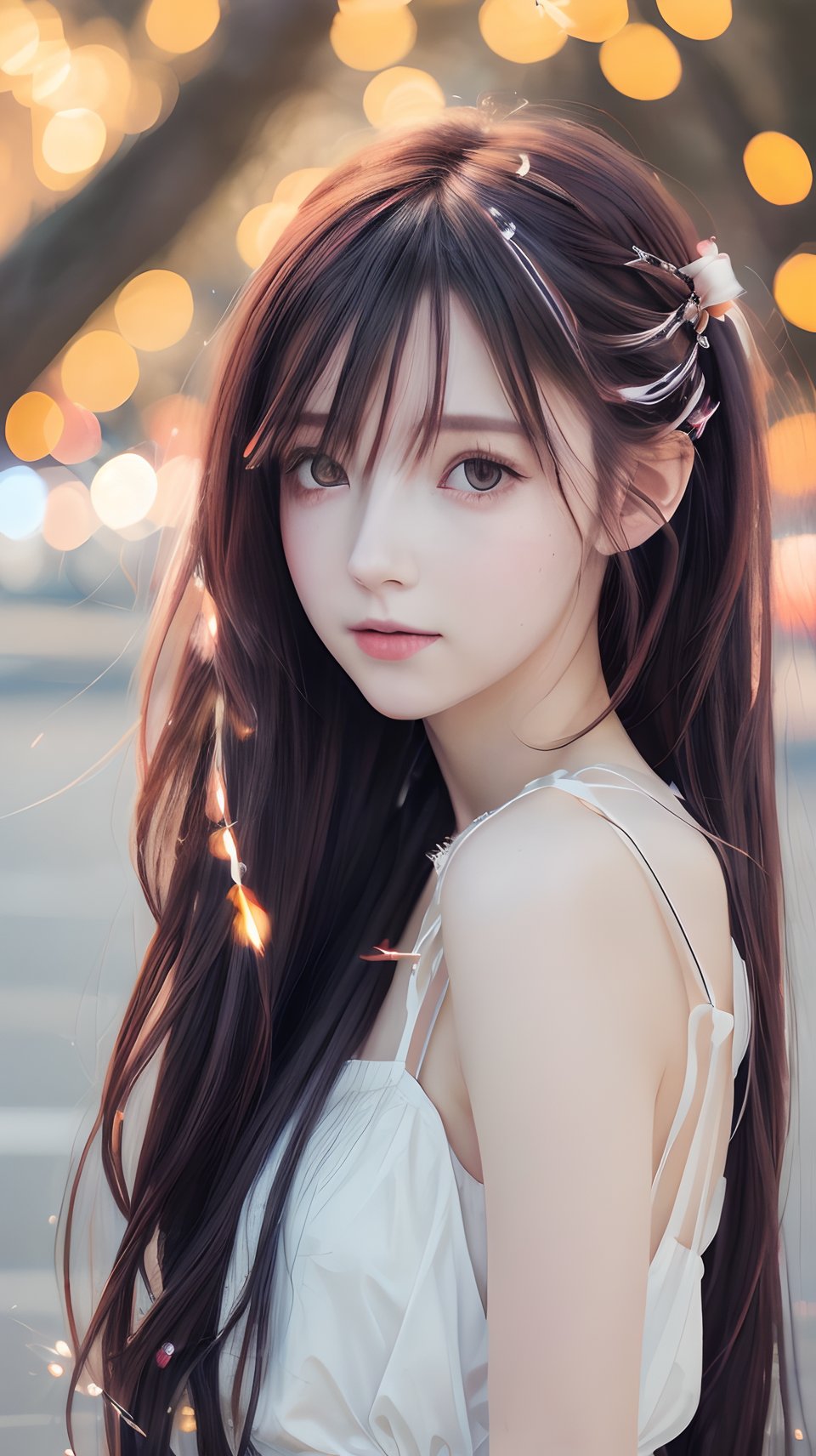 (8k, best quality, masterpiece:1.2),(best quality:1.0), (ultra highres:1.0), a beautiful girl, hair ribbons, by agnes cecile, from head to waist, extremely luminous bright design,autumn lights, long hair,