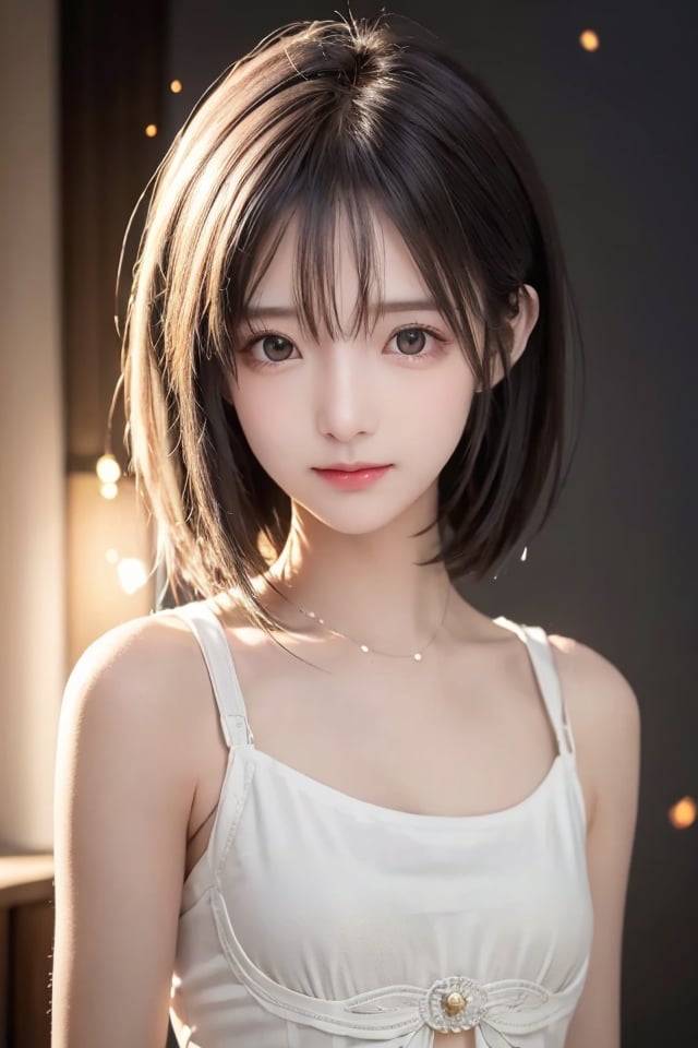 high quality, 8K Ultra HD, close shot, details skin, intricate details, innocent face, charming, 1girl, a melancholic expression,  short cut hair, (blonde hair), a few side bangs,  alluring and beautiful face. expressive eyes, sadness, a longside a small, subtle smile, irresistible,  delicate, emotive details, grey crop top, round bust, minimalis dark background with yellow glowing addition,

((best quality)), ((masterpiece)), ((detailed)), (Meticulous), ((Unparalleled)), (Unforgettable), Photograph, Picture, Photo, Studio lighting, Controlled illumination, Controlled illumination, Controlled light, Depth of field 100mm, Blurry background, Shallow depth of field,firefliesfireflies