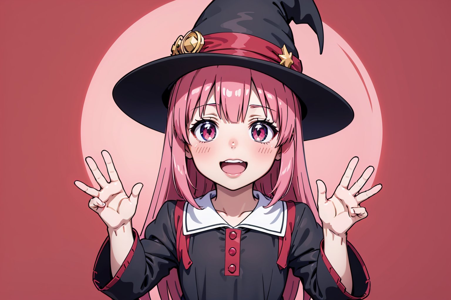 ((masterpiece, best quality, ultra-detailed, very fine 8KCG wallpapers)), 1 girl, solo, medium breasts, smile, a girl in a witches hat and black dress with lights behind her and a pink background with a starburst, blurry, depth of field, facing viewer, red background, red sky, bloodborne, a hologram, magical realism, (flat_color: 1.2), (anime_coloring: 1.4), open hands, pink hair, nice hands, perfect hands,