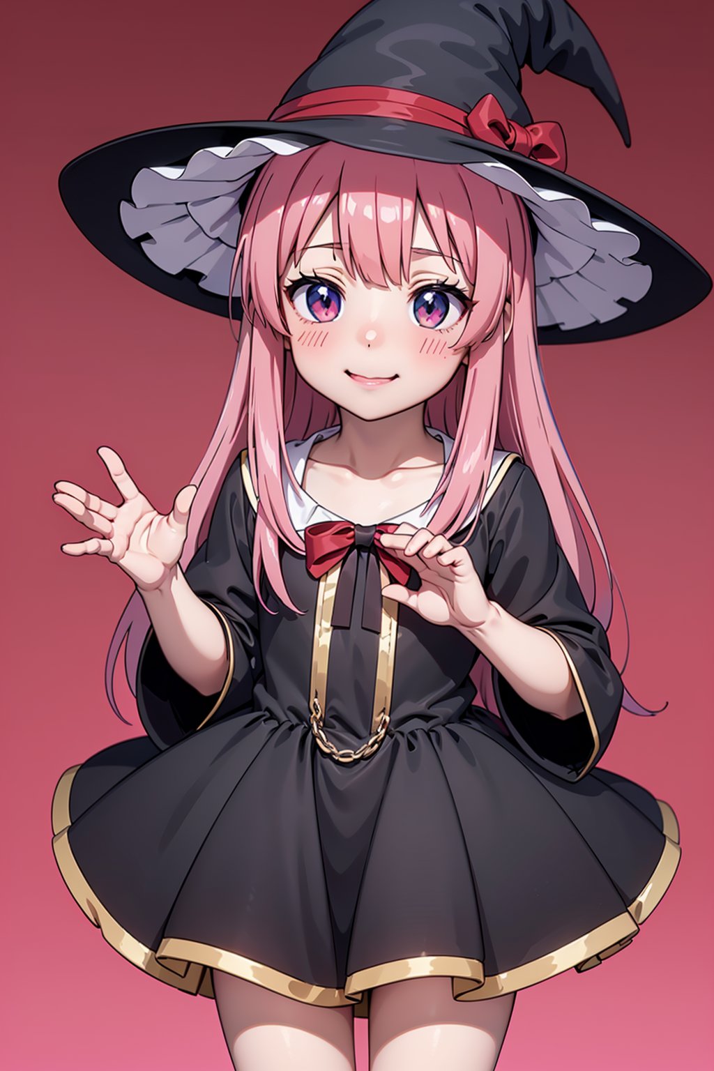 ((masterpiece, best quality, ultra-detailed, very fine 8KCG wallpapers)), 1 girl, solo, medium breasts, smile, a girl in a witches hat and black dress with lights behind her and a pink background with a starburst, blurry, depth of field, facing viewer, red background, red sky, bloodborne, a hologram, magical realism, (flat_color: 1.2), (anime_coloring: 1.4), open hands, pink hair, nice hands, perfect hands,