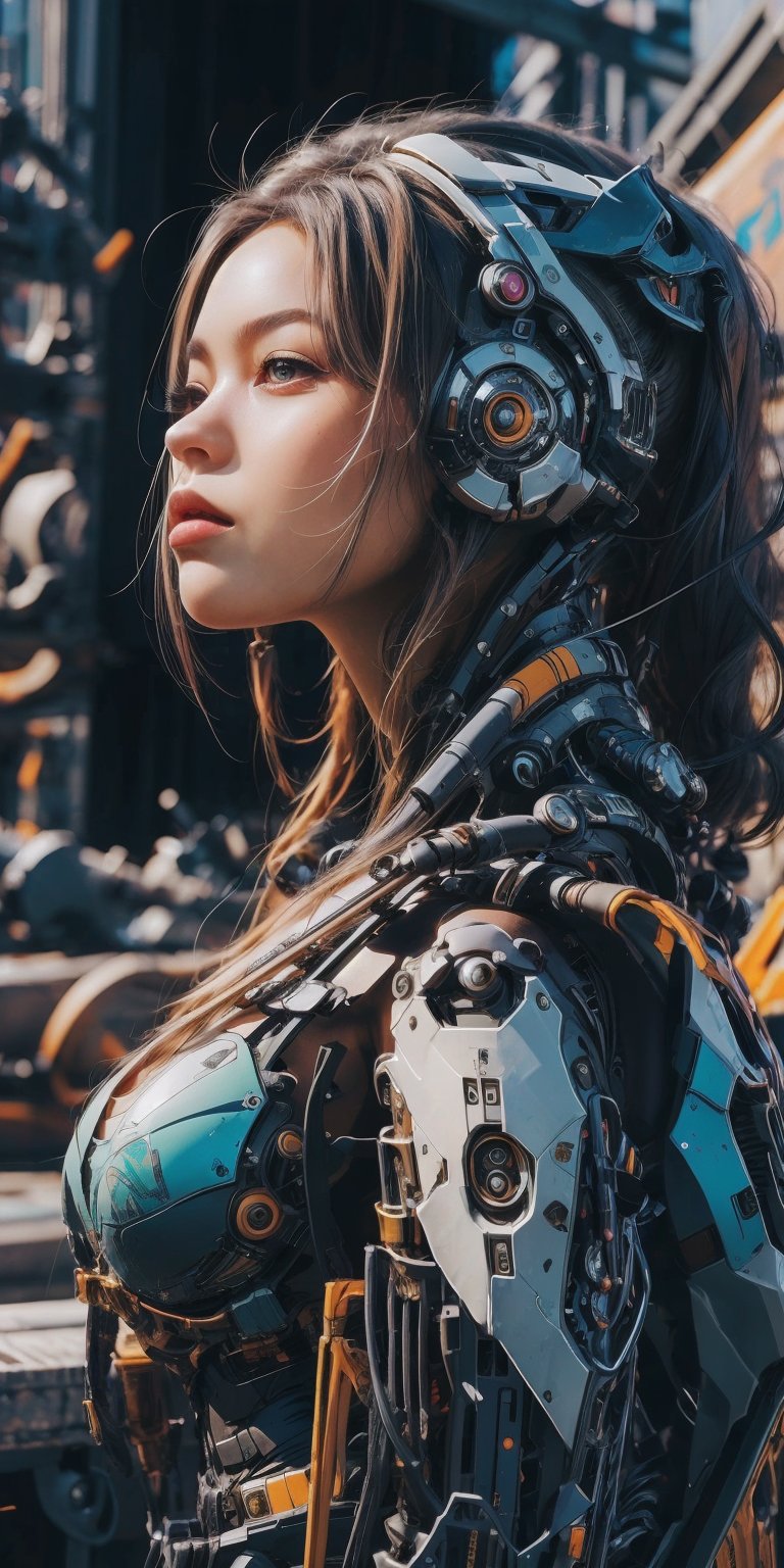 1 Girl, looking at viewer, fullbody,Mecha body, amazing, high_resolution, cinematic, beautiful, Masterpiece , futuristic, cyberpunk,(hyperrealistic), beautiful face